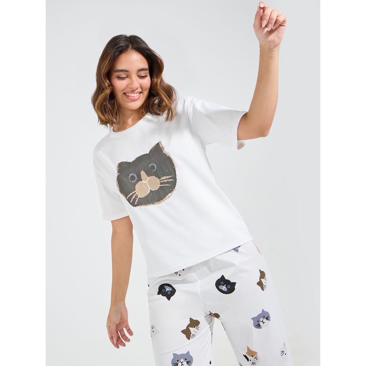 Styli Cat Print T-Shirt & Pyjama Set-women-clothing-nightwear-pyjamas-longsets-image-2
