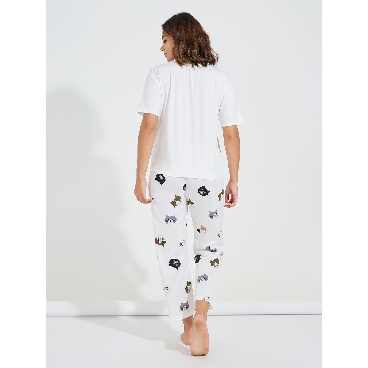 Styli Cat Print T-Shirt & Pyjama Set-women-clothing-nightwear-pyjamas-longsets-image-5