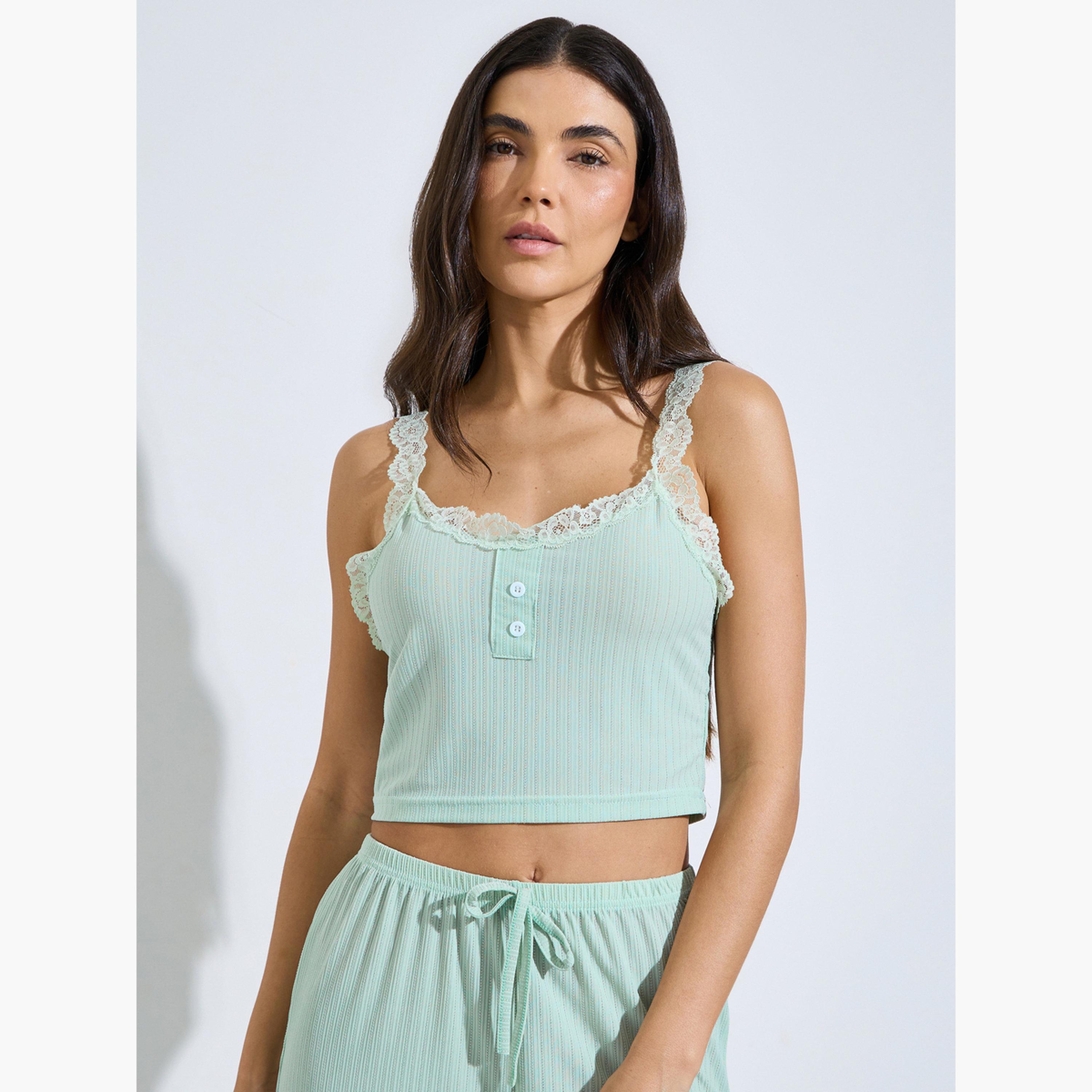 طقم بيجاما من بنطال وبلوزة بحمالات وتفاصيل دانتيل-women-clothing-nightwear-pyjamas-longsets-image-3