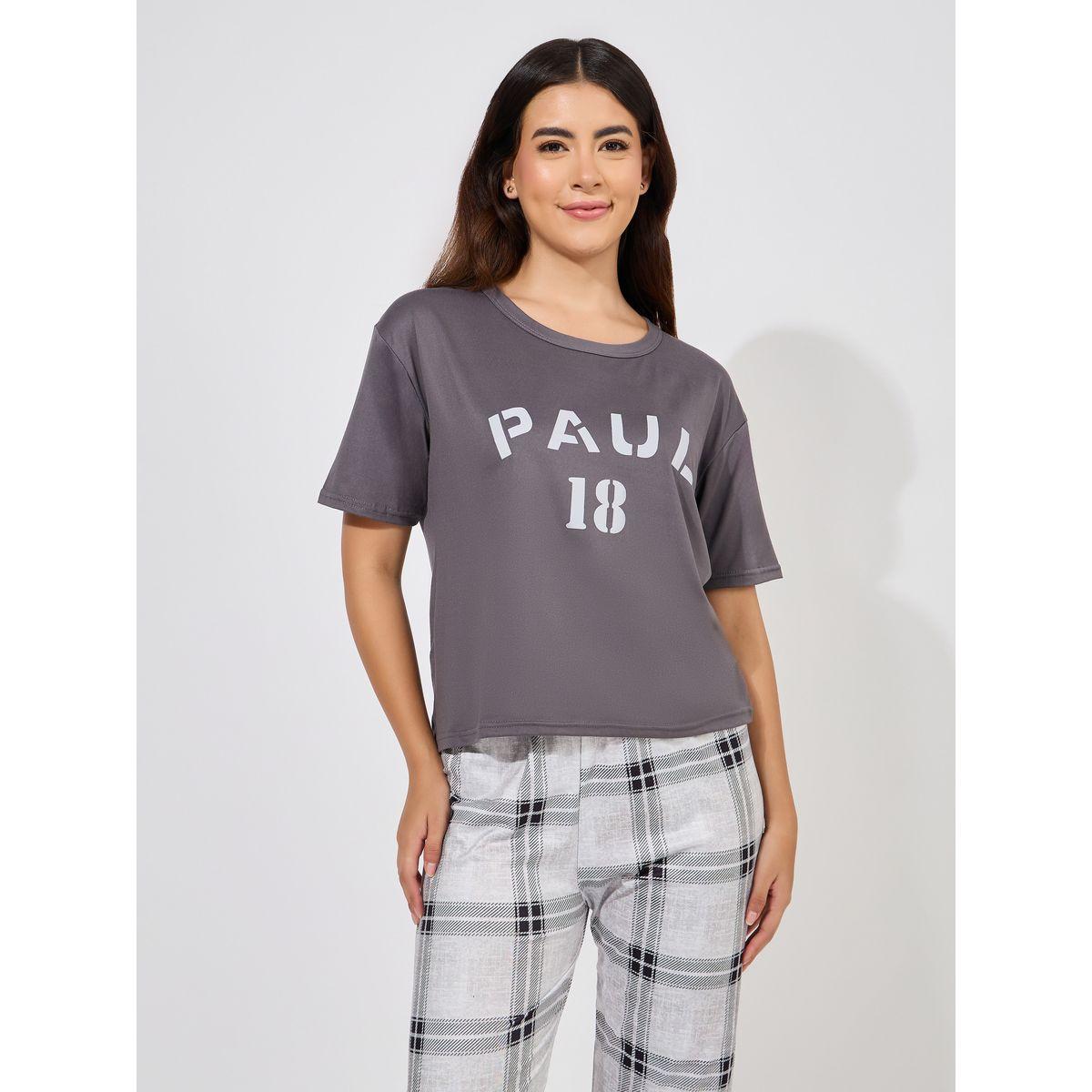Styli Graphic Print Boxy T-Shirt & Checked Pyjama Set-women-clothing-nightwear-pyjamas-longsets-image-2