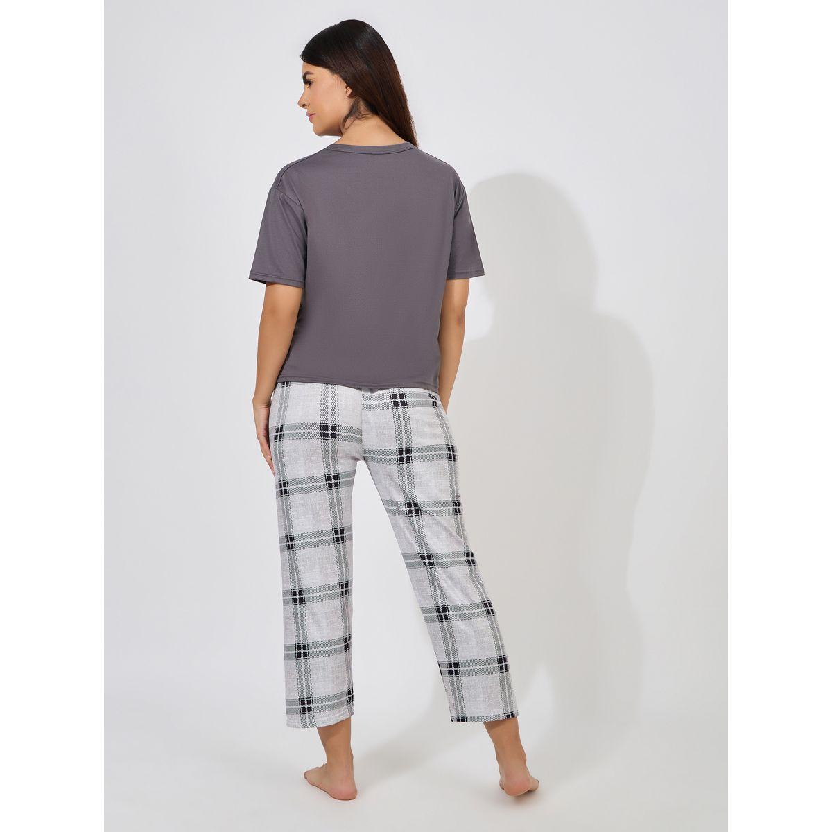 Styli Graphic Print Boxy T-Shirt & Checked Pyjama Set-women-clothing-nightwear-pyjamas-longsets-image-4