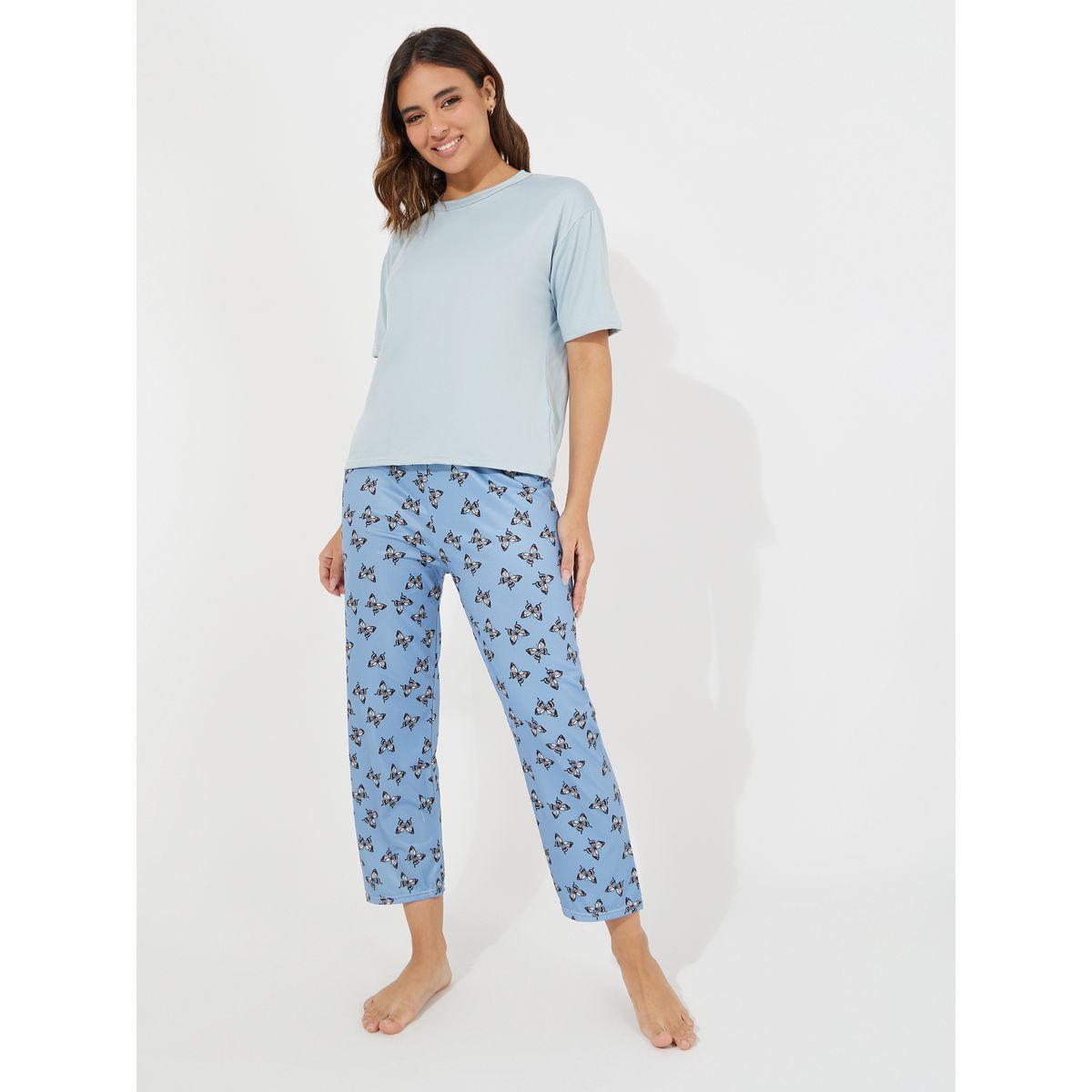 Styli Solid T-Shirt and Butterfly Print Pyjama Set-women-clothing-nightwear-pyjamas-longsets-image-1