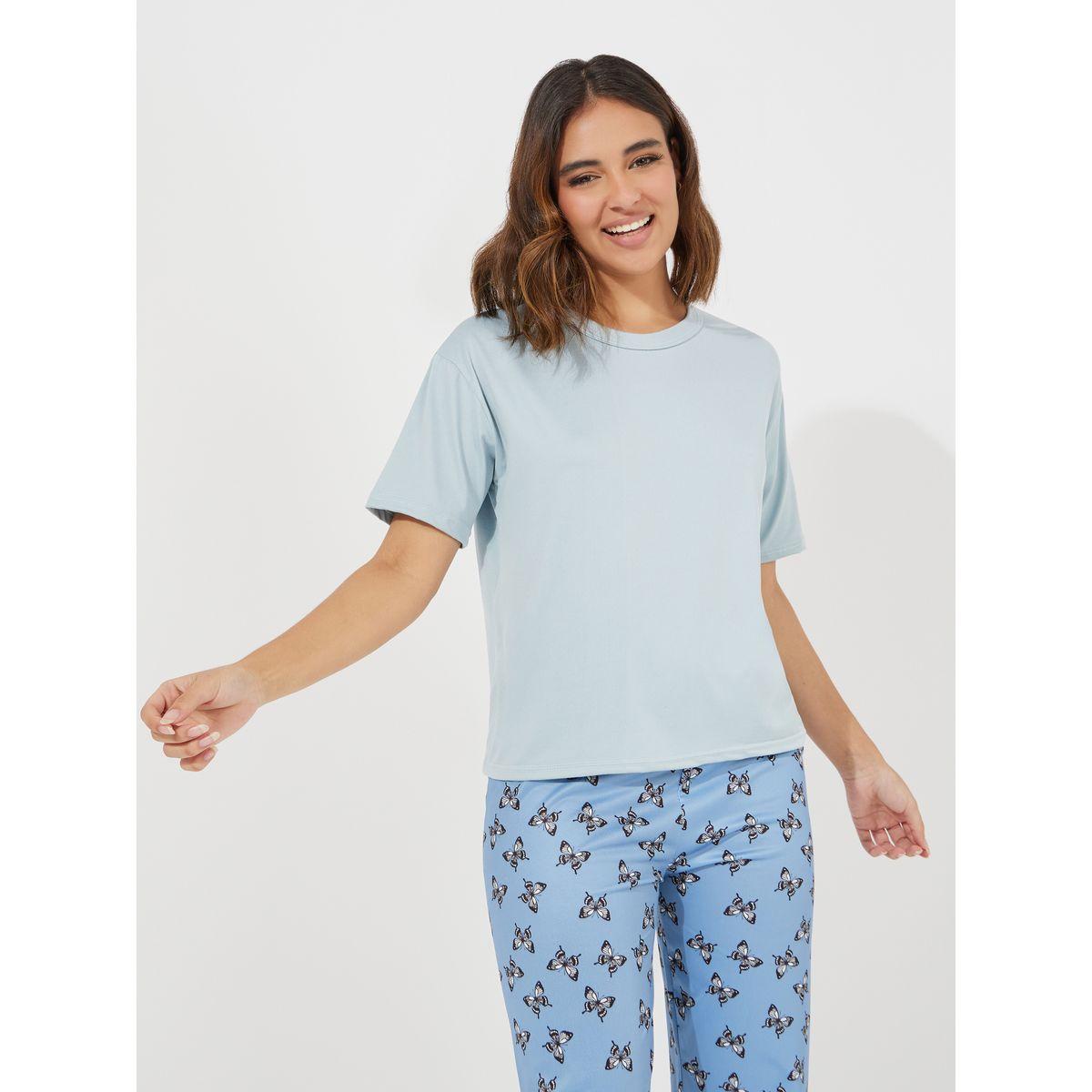 Styli Solid T-Shirt and Butterfly Print Pyjama Set-women-clothing-nightwear-pyjamas-longsets-image-2