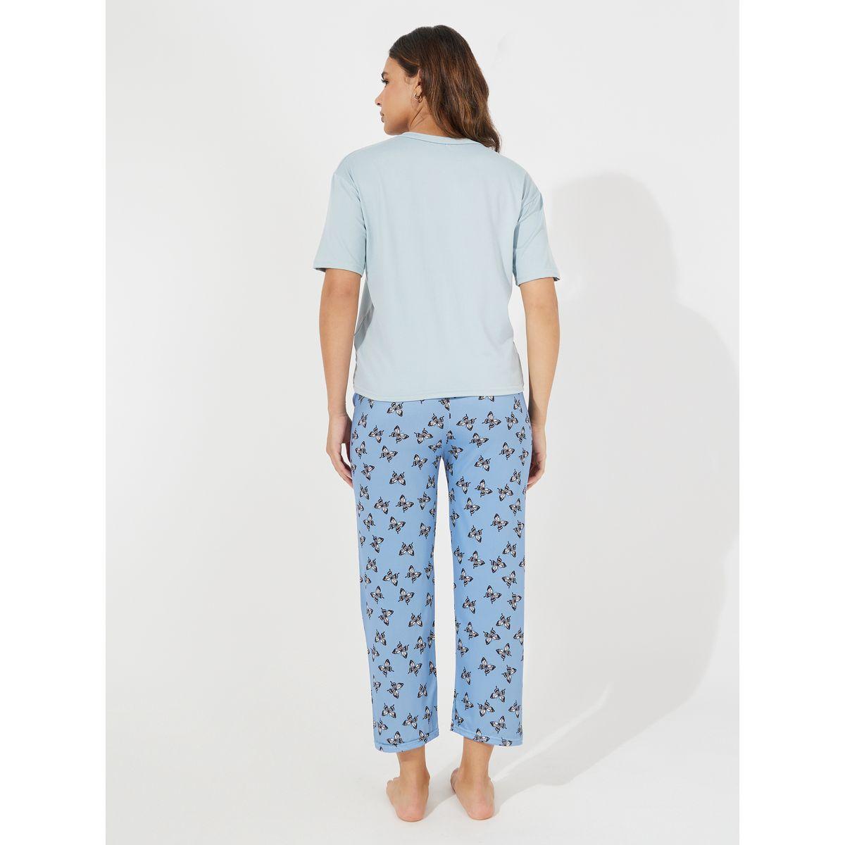 Styli Solid T-Shirt and Butterfly Print Pyjama Set-women-clothing-nightwear-pyjamas-longsets-image-4