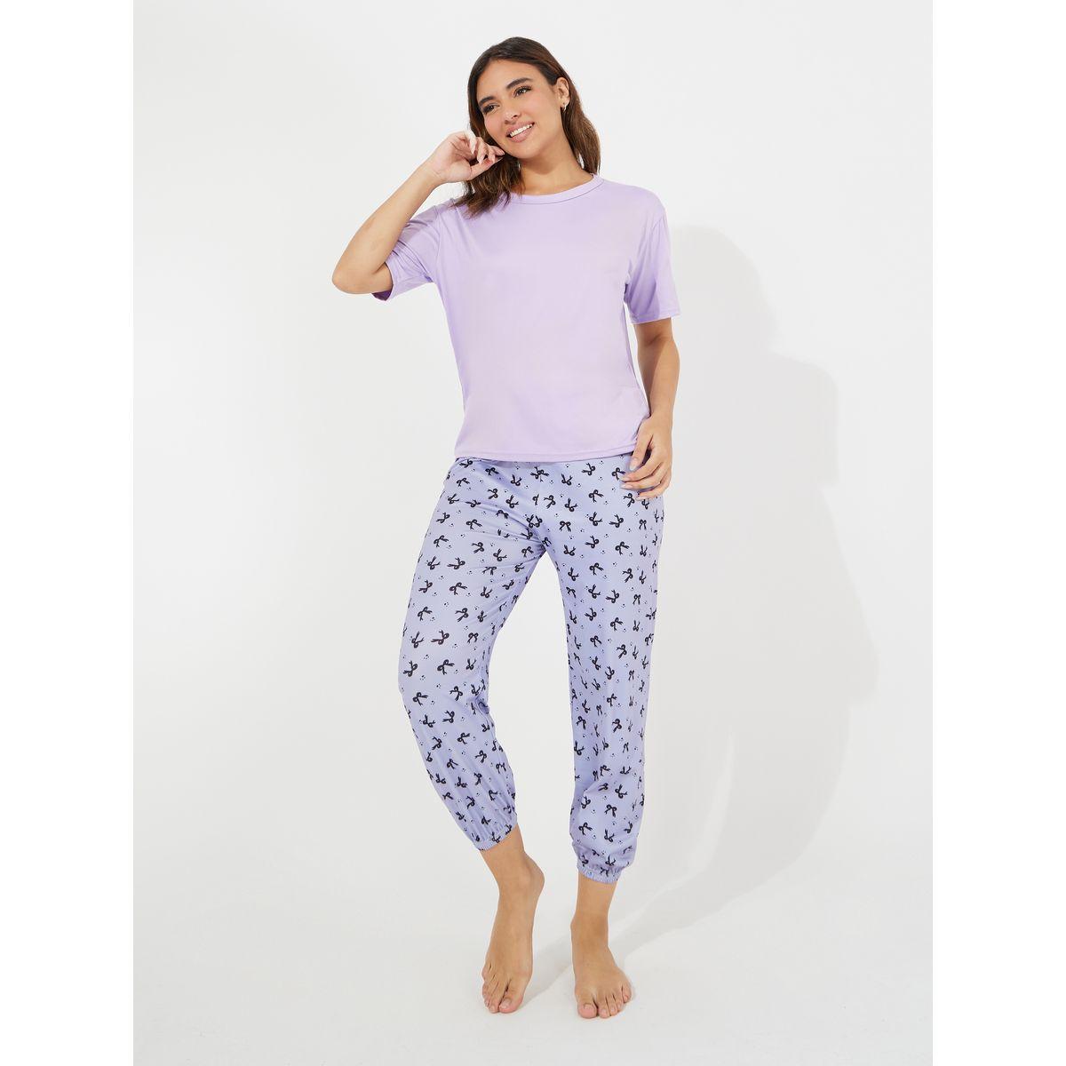 Styli Solid T-Shirt and Butterfly Print Pyjama Set-women-clothing-nightwear-pyjamas-longsets-image-1
