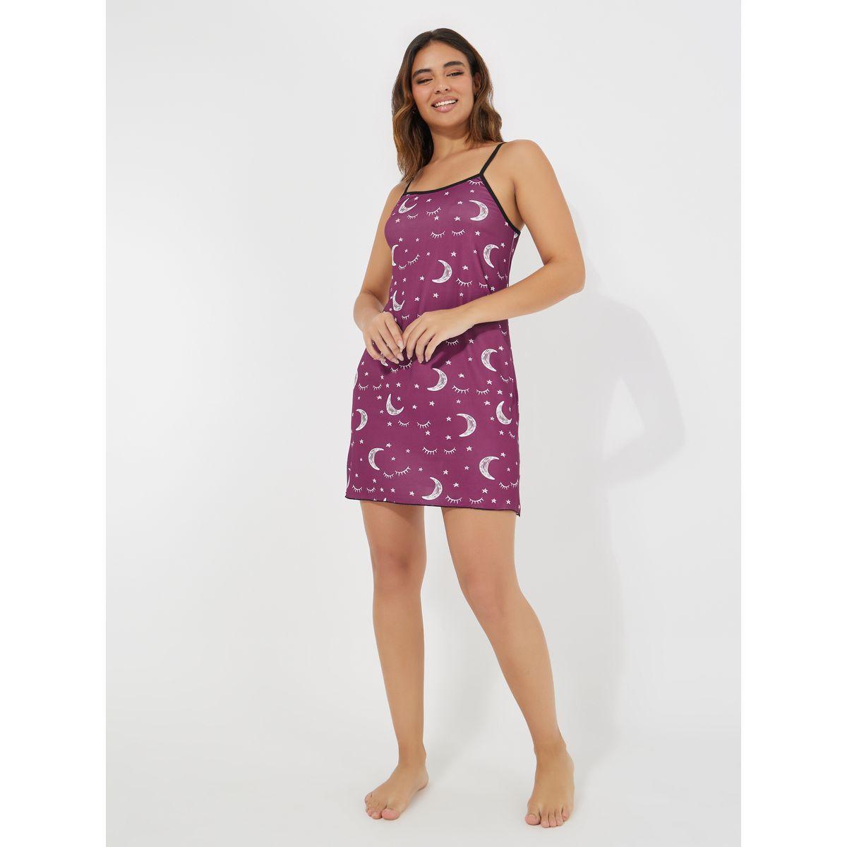 قميص نوم بطبعة نجوم واقمار مع حمالات-women-clothing-nightwear-nighties-image-1