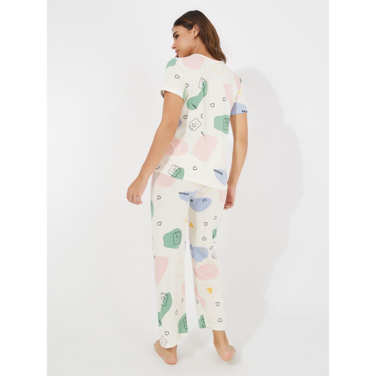 طقم من بنطال بيجاما مع تيشيرت مطبع بالكامل-women-clothing-nightwear-pyjamas-longsets-image-4