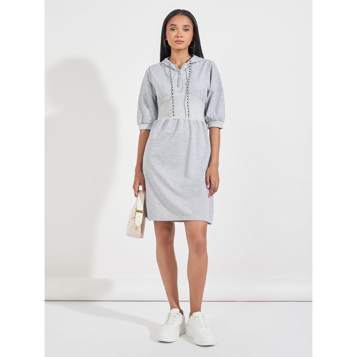 Styli Plain Hooded T-Shirt Knee Length Dress with Half Zip-women-clothing-dresses-image-1