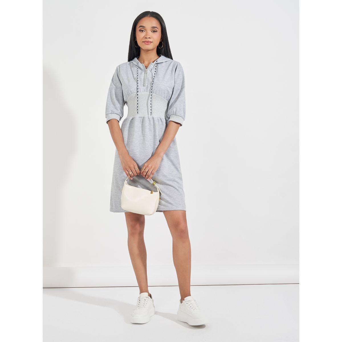 Styli Plain Hooded T-Shirt Knee Length Dress with Half Zip-women-clothing-dresses-image-2