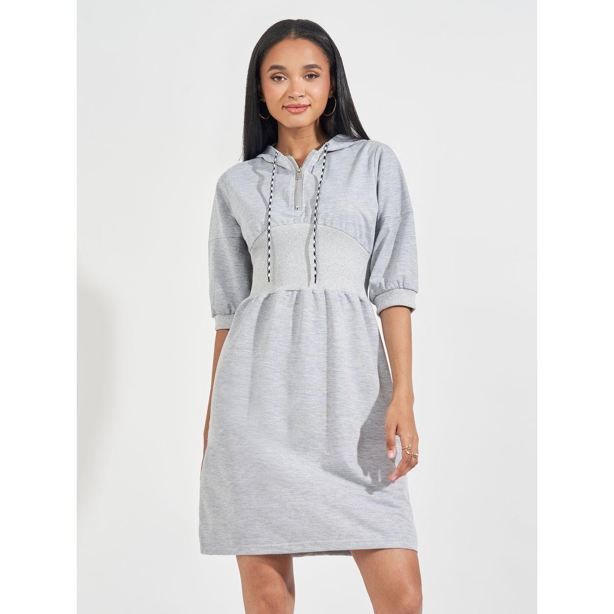 Styli Plain Hooded T-Shirt Knee Length Dress with Half Zip-women-clothing-dresses-image-4