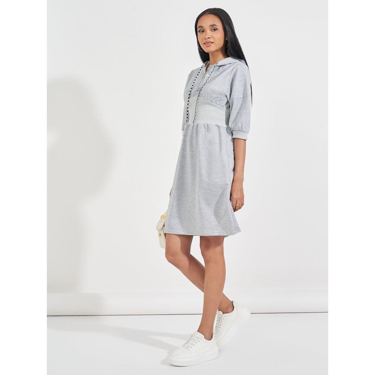Styli Plain Hooded T-Shirt Knee Length Dress with Half Zip-women-clothing-dresses-image-5