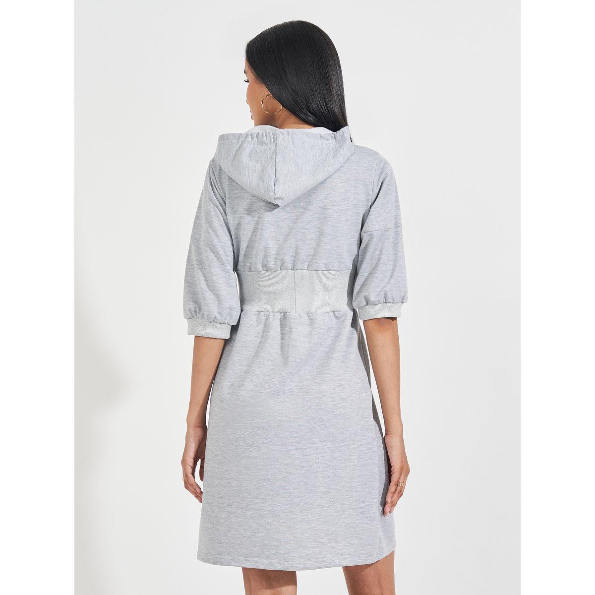 Styli Plain Hooded T-Shirt Knee Length Dress with Half Zip-women-clothing-dresses-image-6