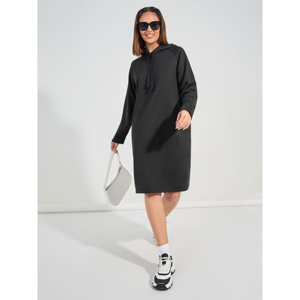 Styli Solid Hooded Sweatshirt Knee-Length Dress-women-clothing-dresses-image-1