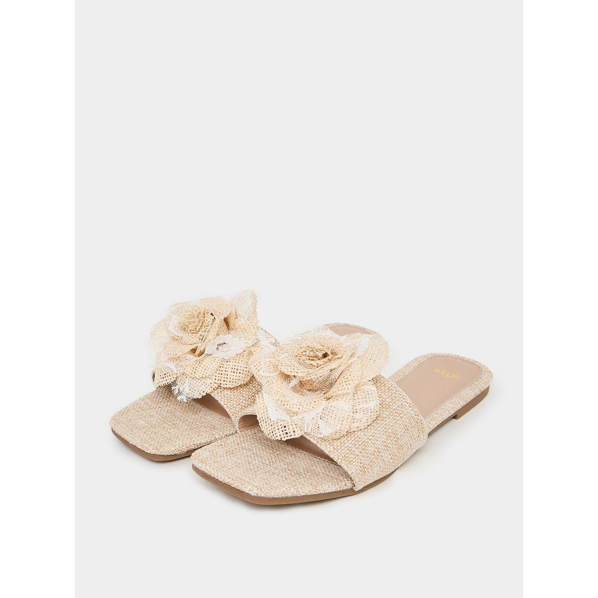 Styli Flower Decor Linen Design Flat Sandals-women-shoes-sandals-flats-image-2