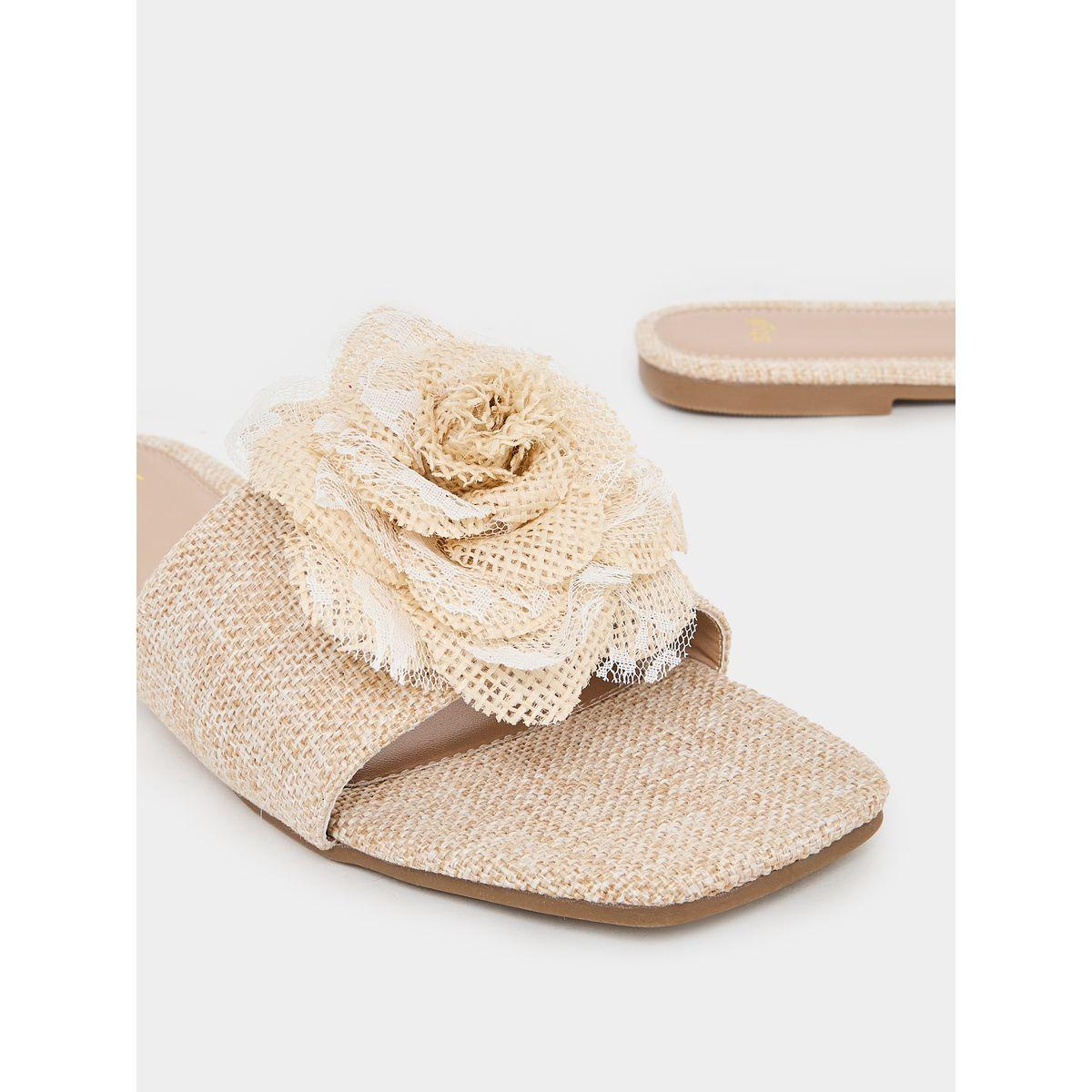 Styli Flower Decor Linen Design Flat Sandals-women-shoes-sandals-flats-image-3