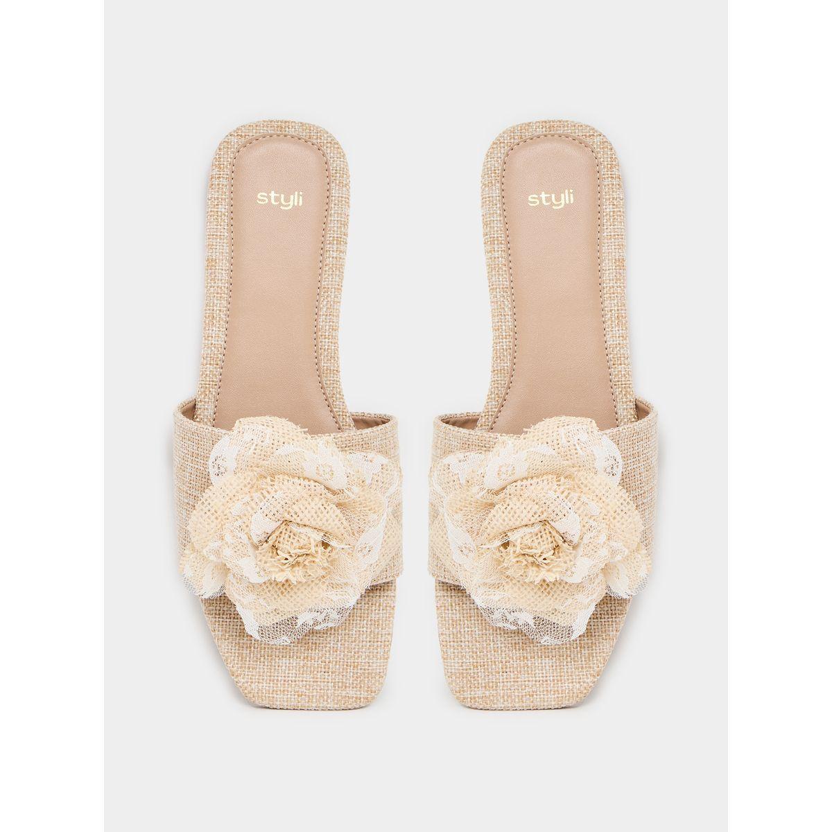 Styli Flower Decor Linen Design Flat Sandals-women-shoes-sandals-flats-image-5