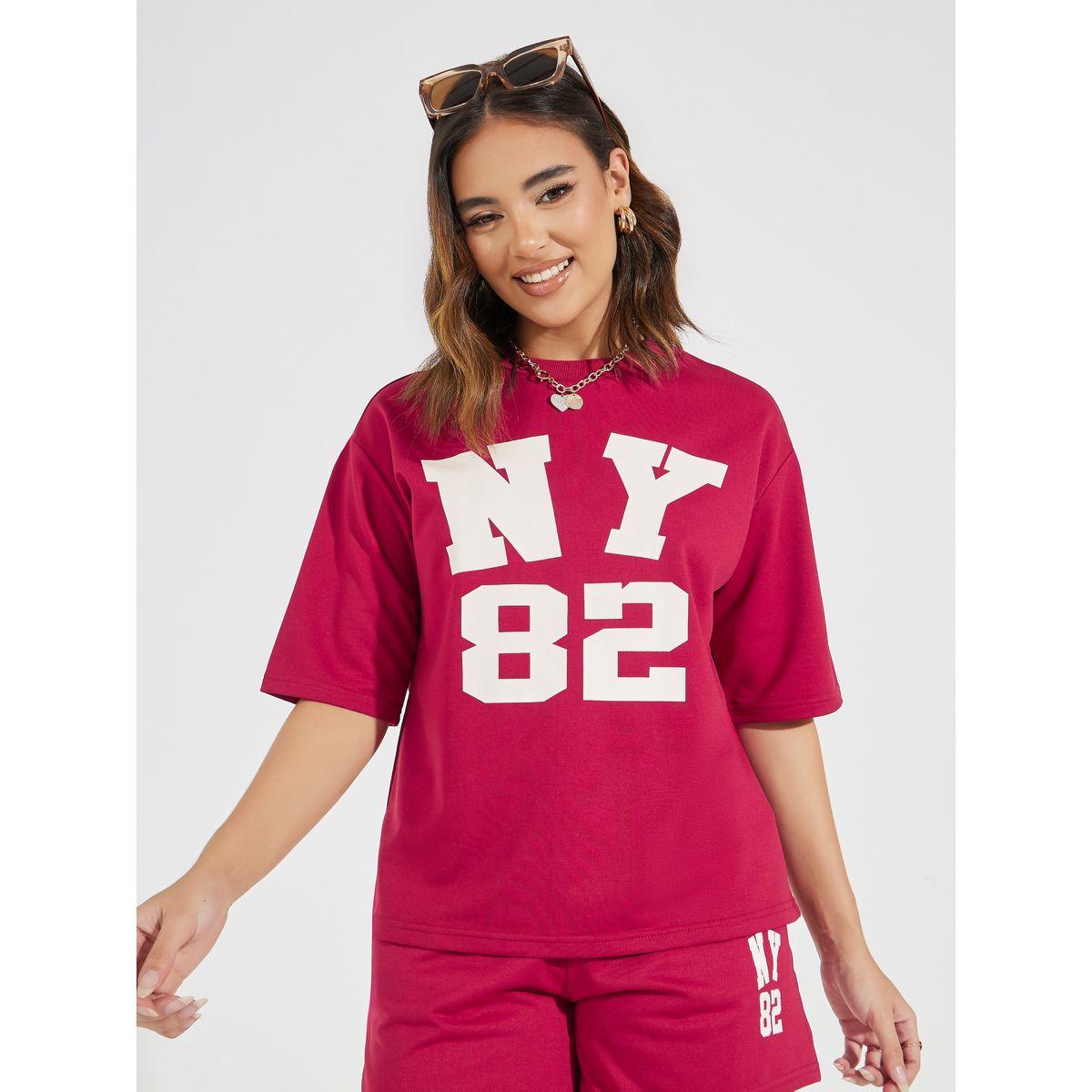 تيشيرت فضفاض بطبعة كتابة مع اكتاف منخفضة-women-clothing-tshirts-image-3