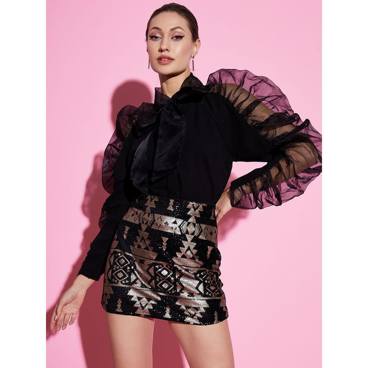 بلوزة اورجانزا مع اكمام منفوخة وياقة بأربطة أثينا × ستايلي-women-clothing-shirtsandblouses-blouses-image-1