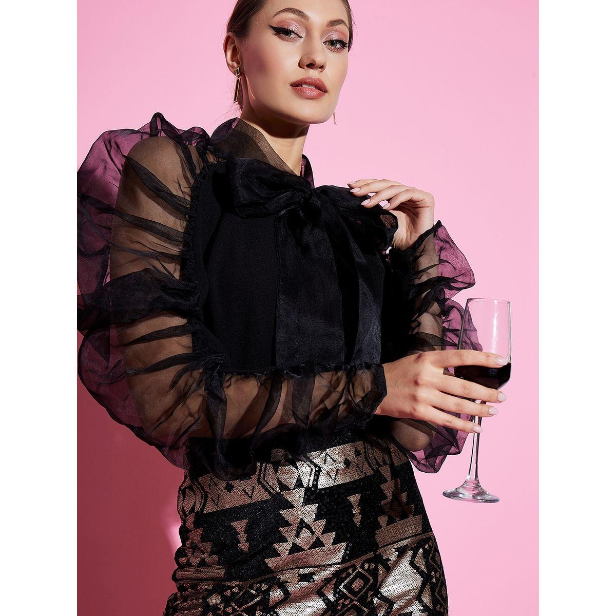 بلوزة اورجانزا مع اكمام منفوخة وياقة بأربطة أثينا × ستايلي-women-clothing-shirtsandblouses-blouses-image-2