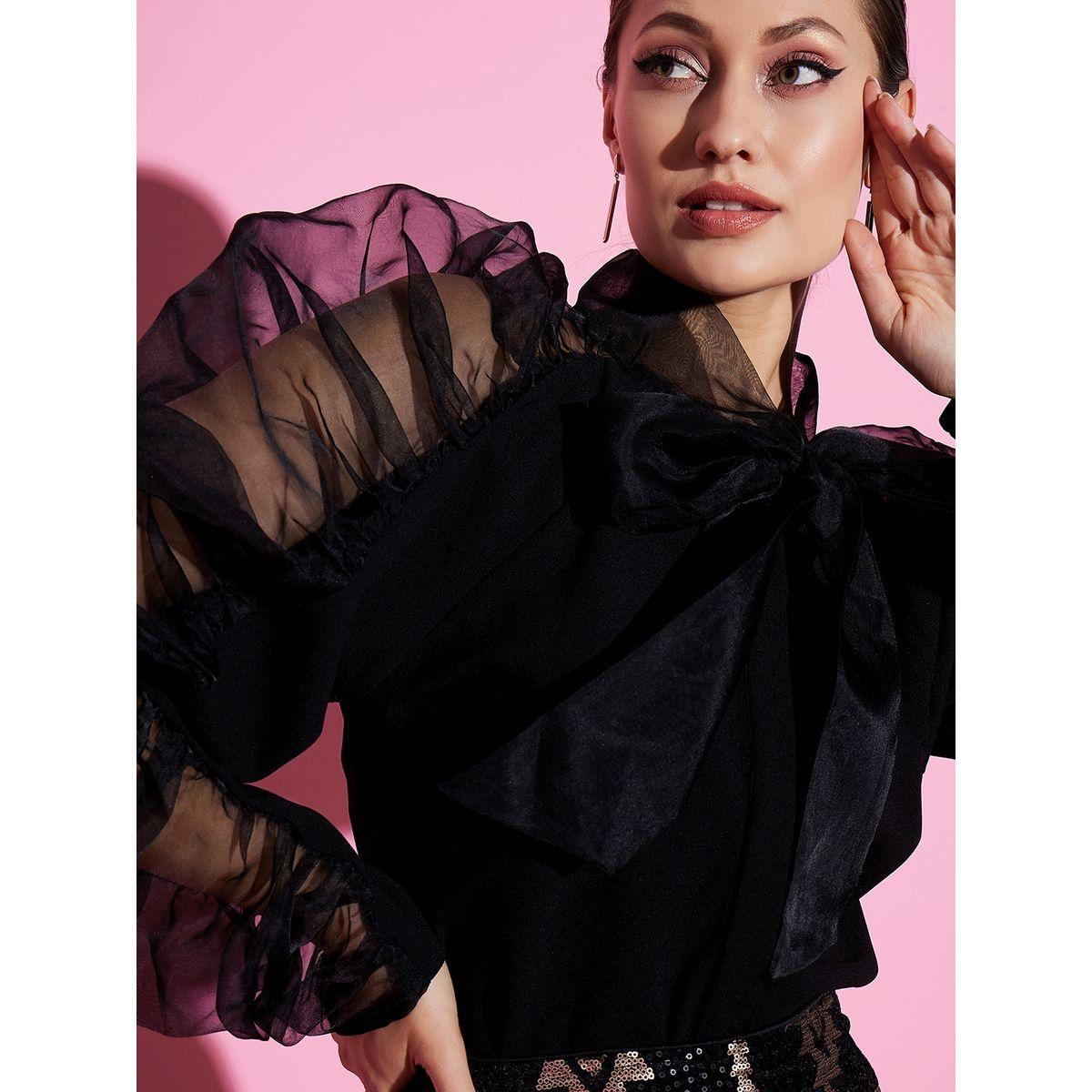 بلوزة اورجانزا مع اكمام منفوخة وياقة بأربطة أثينا × ستايلي-women-clothing-shirtsandblouses-blouses-image-4