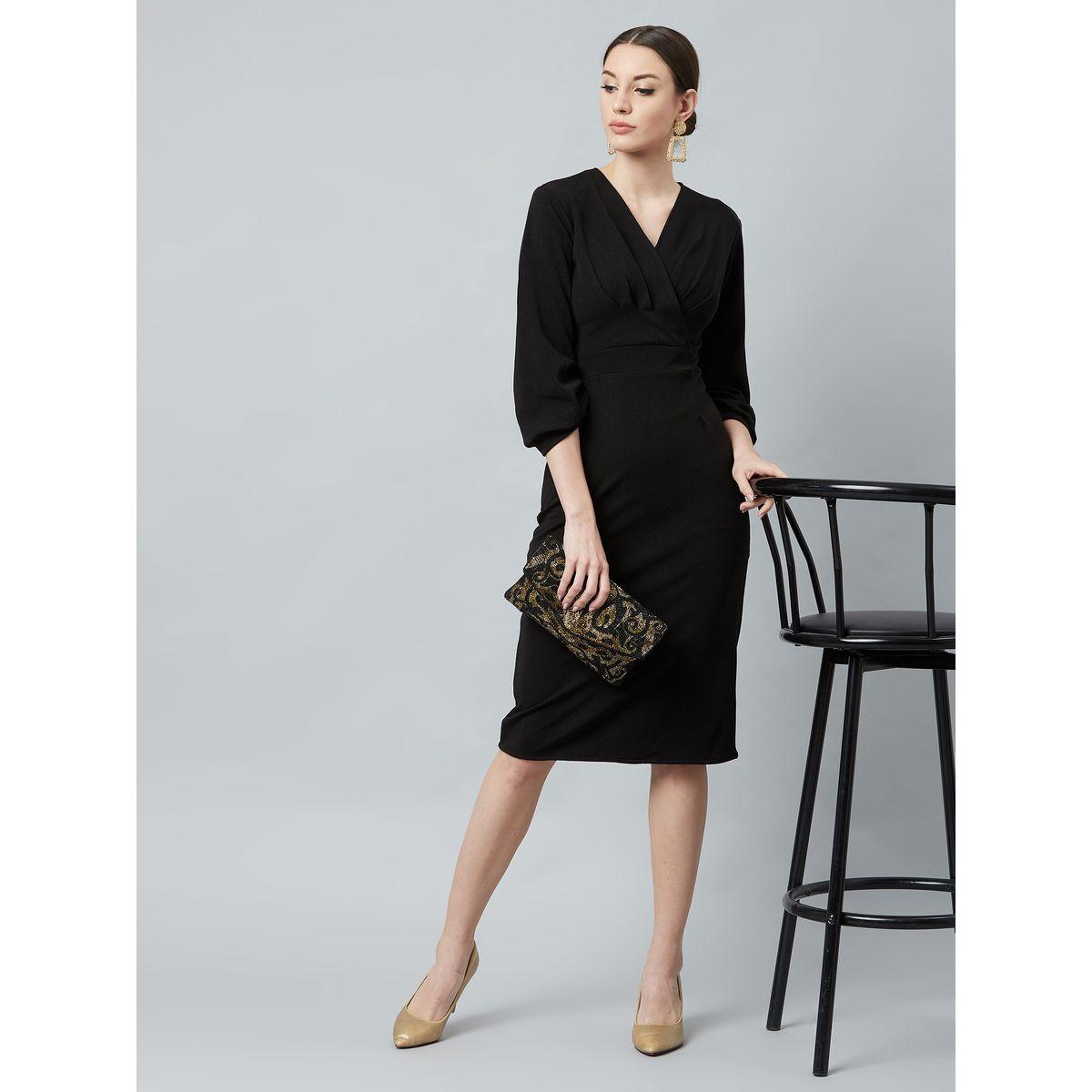 Athena X Styli  Solid V Neck Sheath Knee Length Dress-women-clothing-dresses-image-2