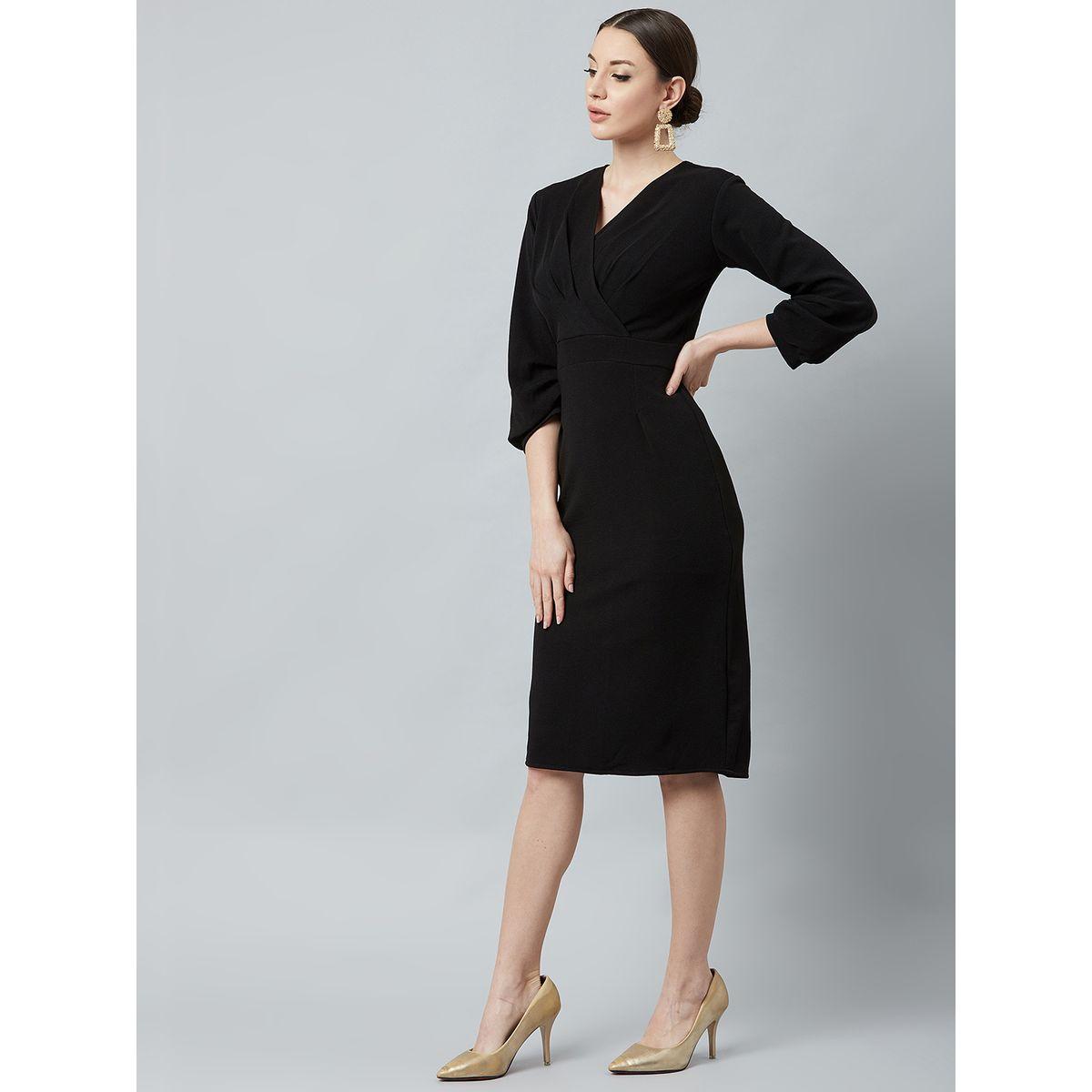 Athena X Styli  Solid V Neck Sheath Knee Length Dress-women-clothing-dresses-image-6