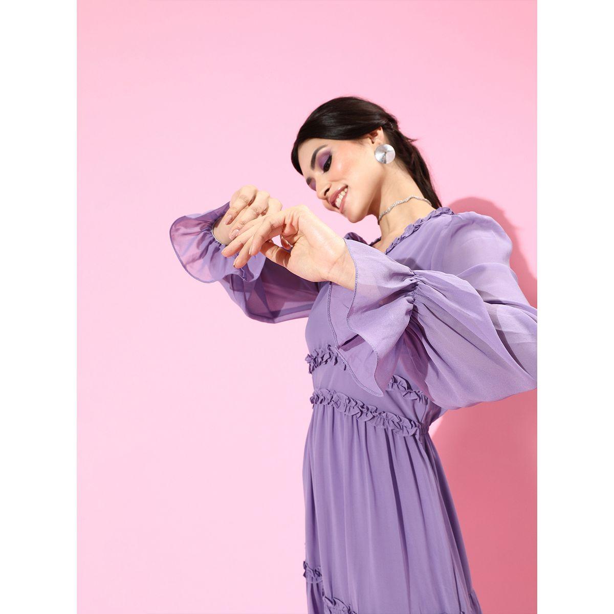 Athena X Styli  Ruffled Georgette Dress with Frill Cuff Sleeves-women-clothing-dresses-image-1
