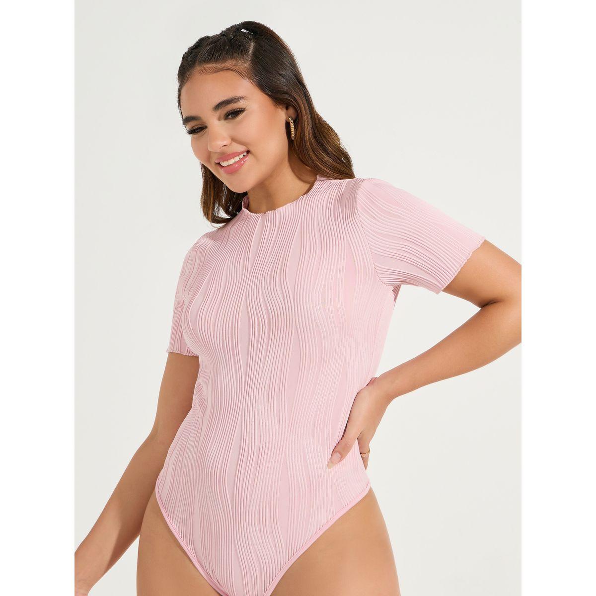 Styli Solid Textured Round Neck Bodysuit-women-clothing-tshirts-image-1