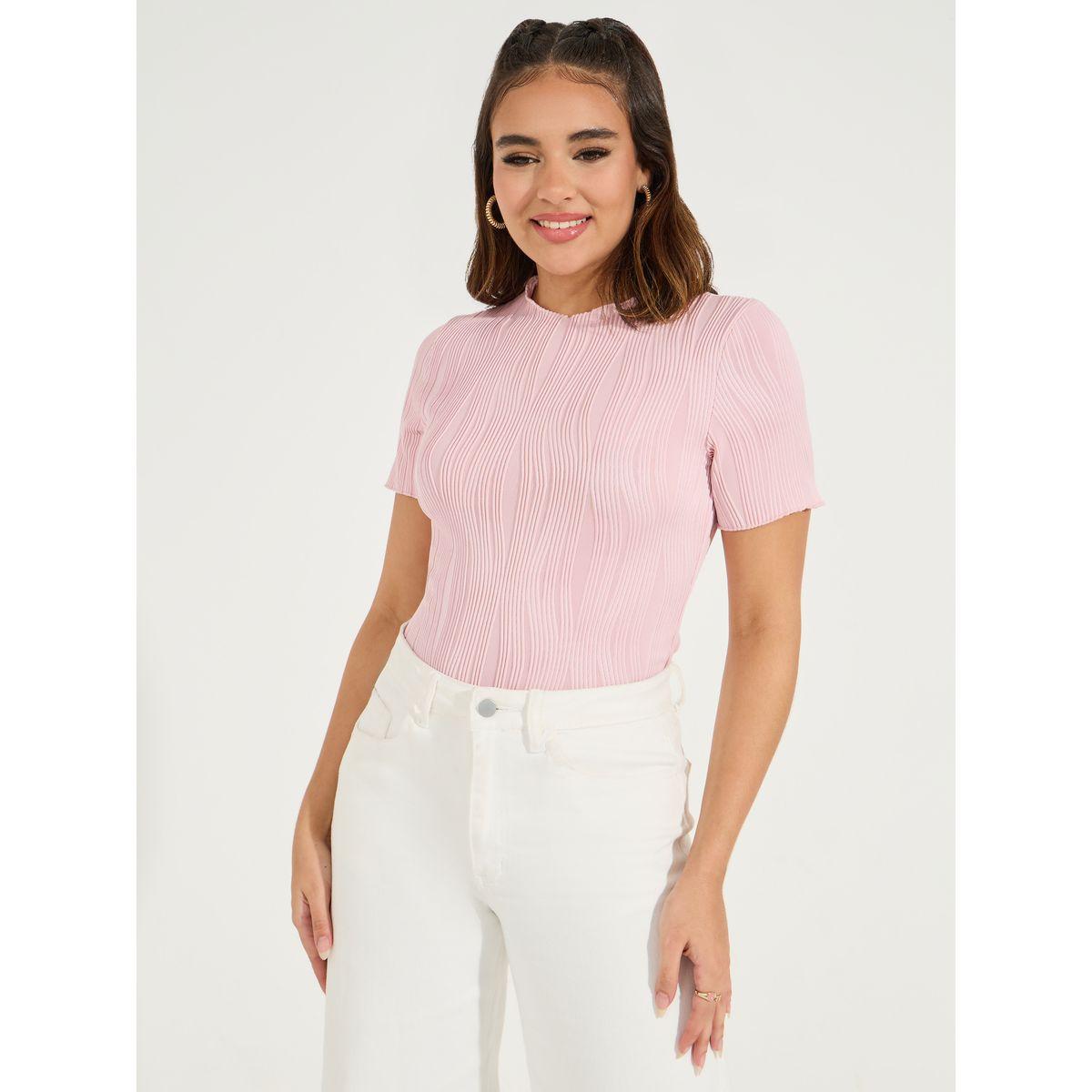 Styli Solid Textured Round Neck Bodysuit-women-clothing-tshirts-image-3