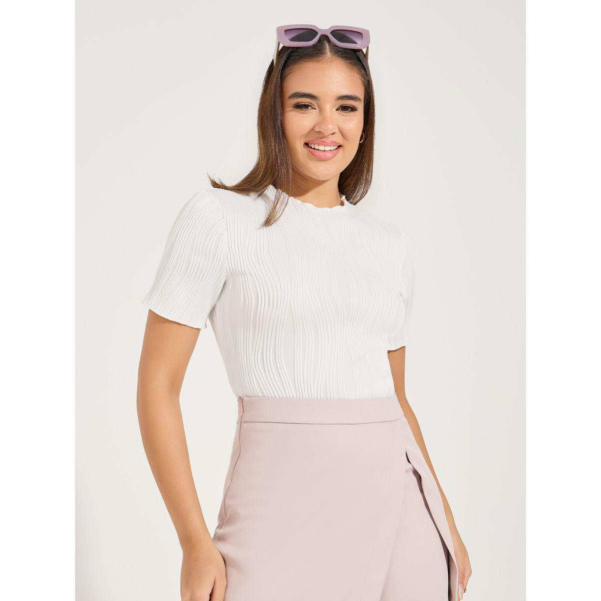 Styli Solid Textured Round Neck Bodysuit-women-clothing-tshirts-image-2