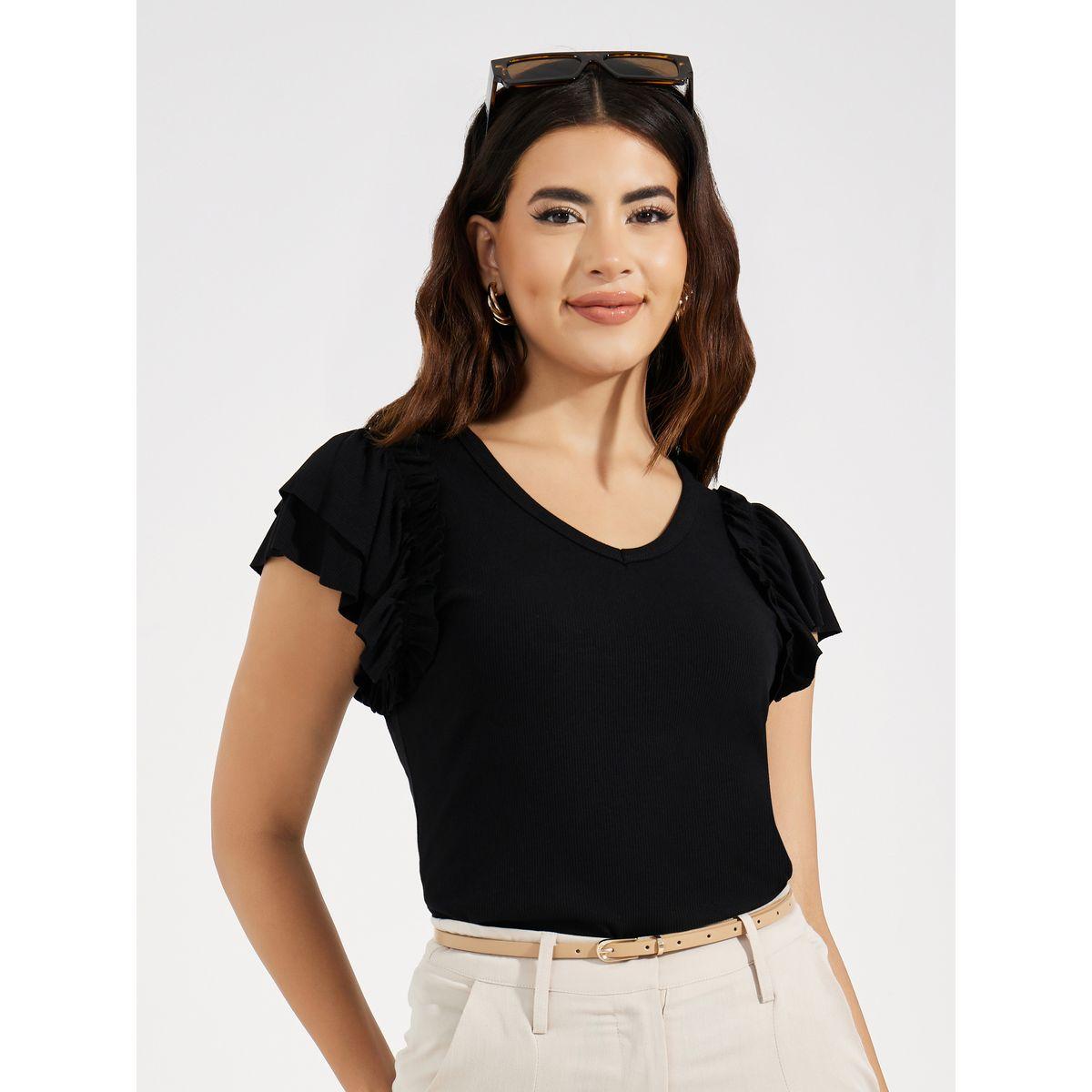 بلوزة سادة بتفاصيل محبوكة مع اكمام بكشكش-women-clothing-shirtsandblouses-blouses-image-1