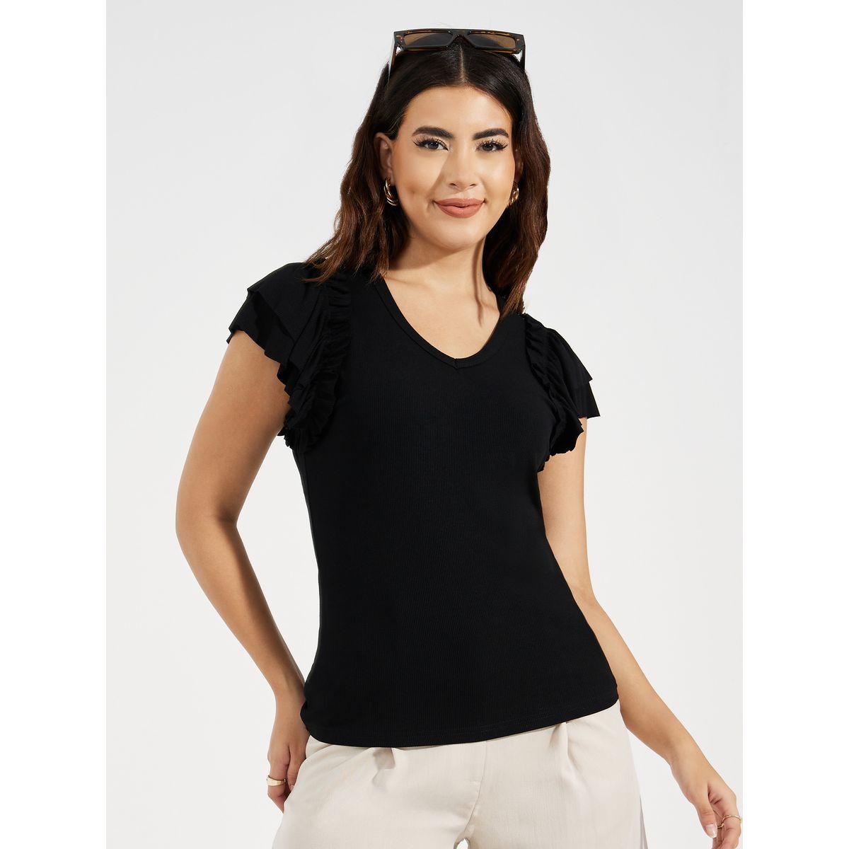 Styli Solid Ruffled Sleeves Rib Knit Top-women-clothing-shirtsandblouses-blouses-image-2