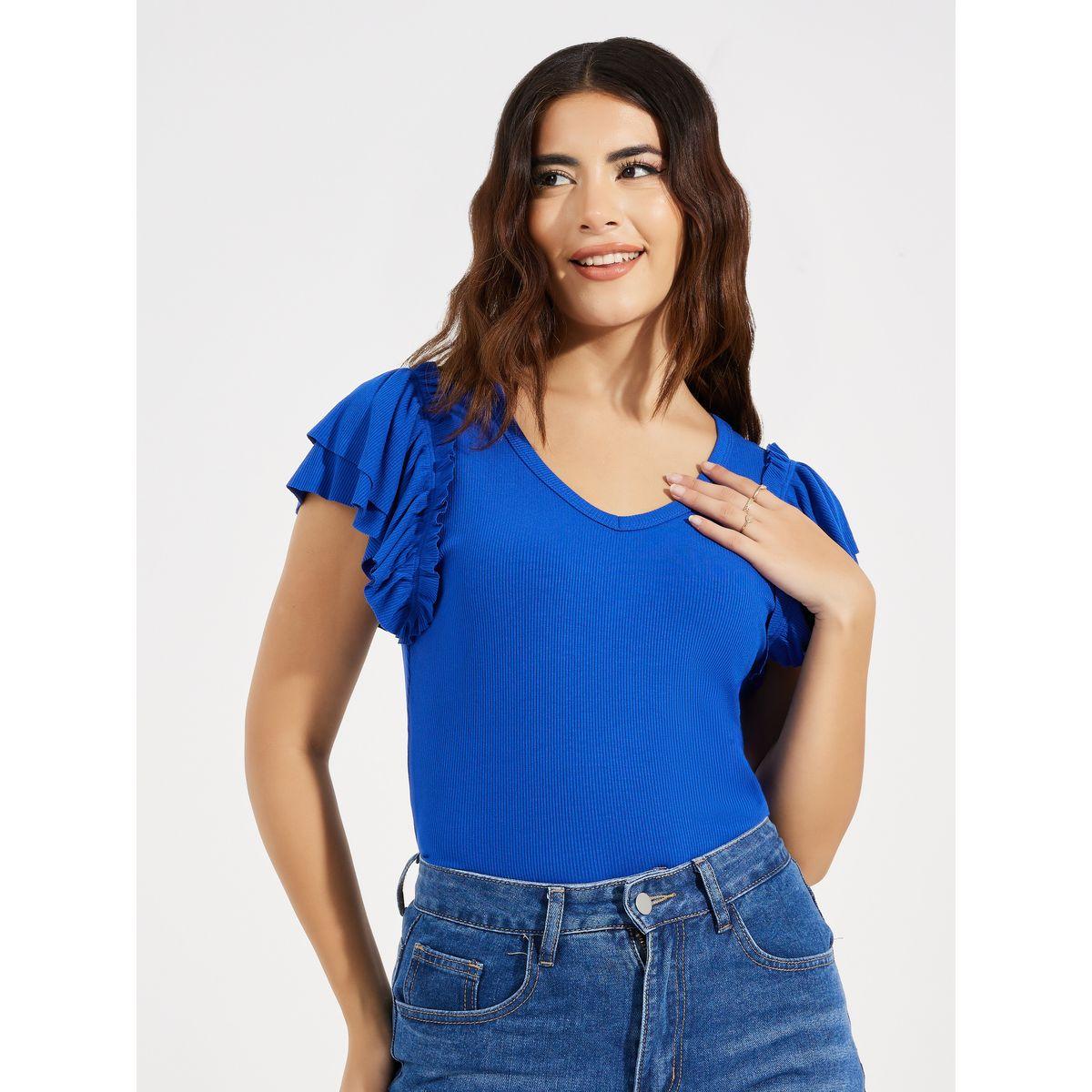 Styli Solid Ruffled Sleeves Rib Knit Top-women-clothing-shirtsandblouses-blouses-image-1