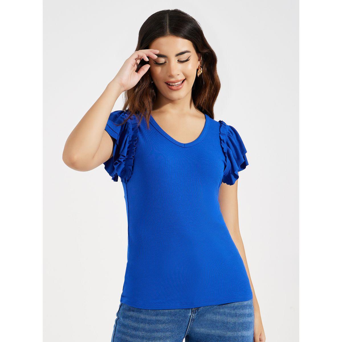 Styli Solid Ruffled Sleeves Rib Knit Top-women-clothing-shirtsandblouses-blouses-image-2