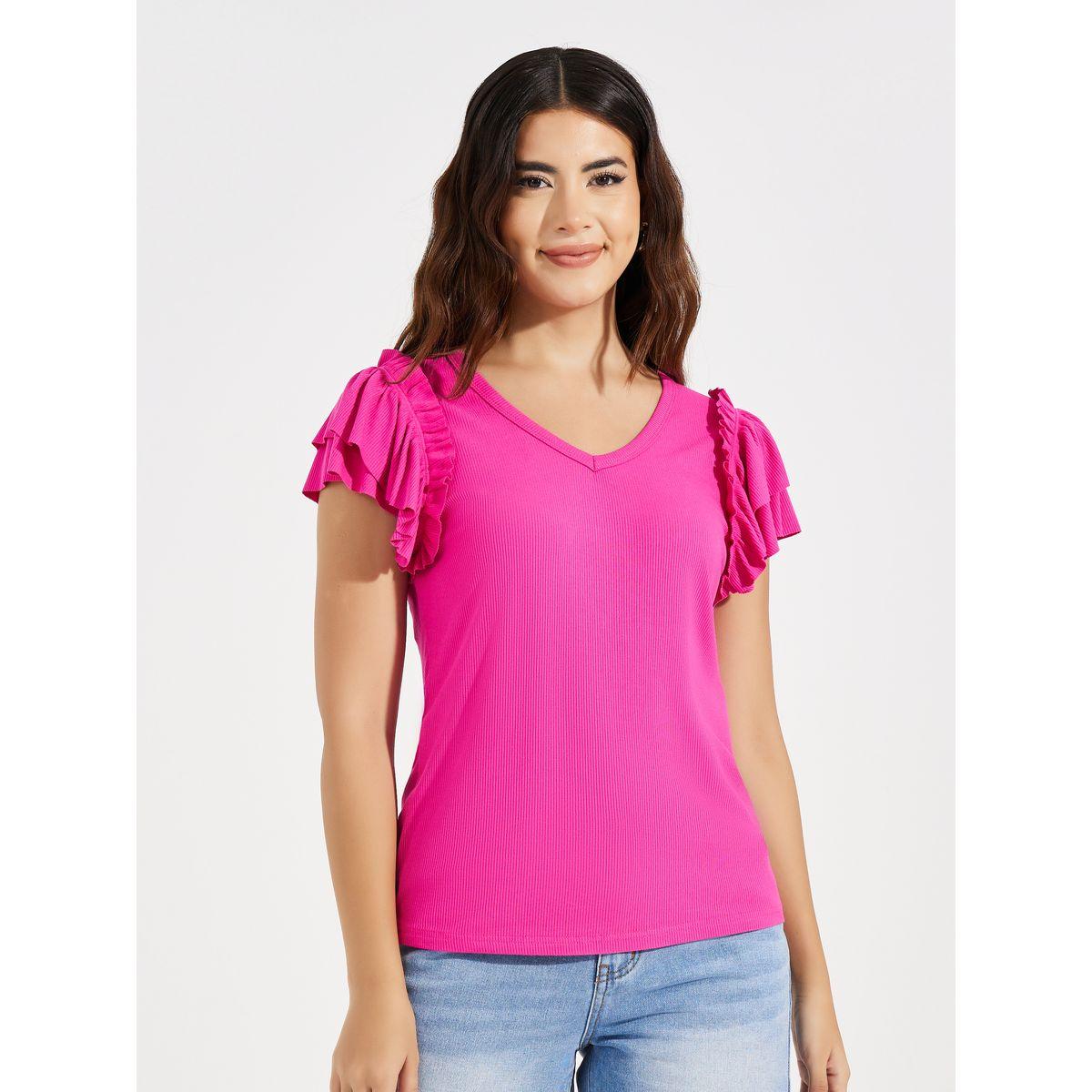 Styli Solid Ruffled Sleeves Rib Knit Top-women-clothing-shirtsandblouses-blouses-image-2