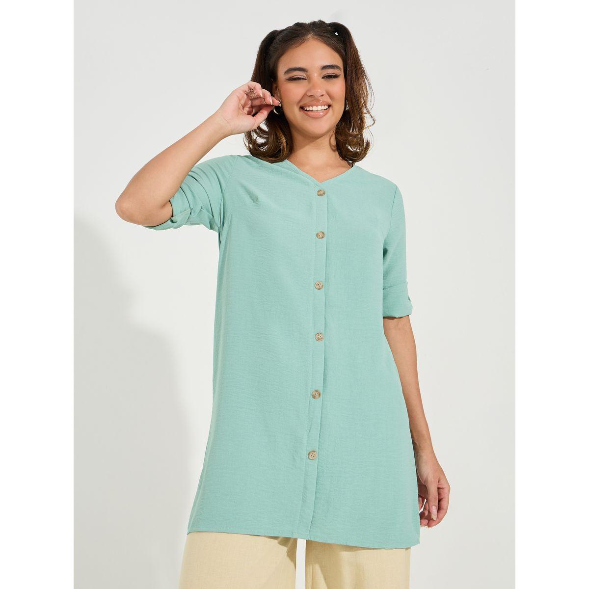 Styli V Neck Longline Tunic with Button Detail-women-clothing-shirtsandblouses-shirts-image-1