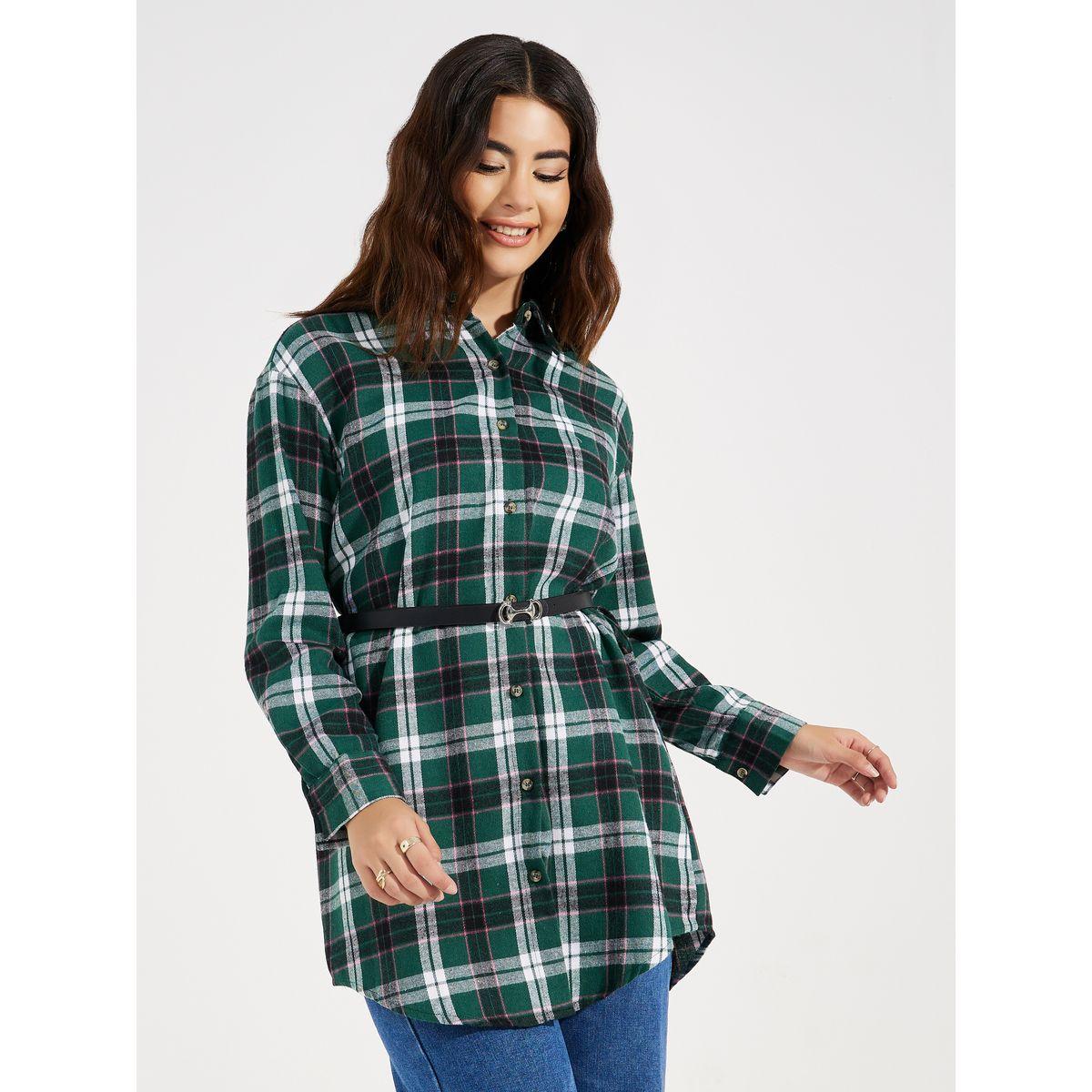 Styli Checkered Longline Shirt with Belt-women-clothing-shirtsandblouses-shirts-image-1