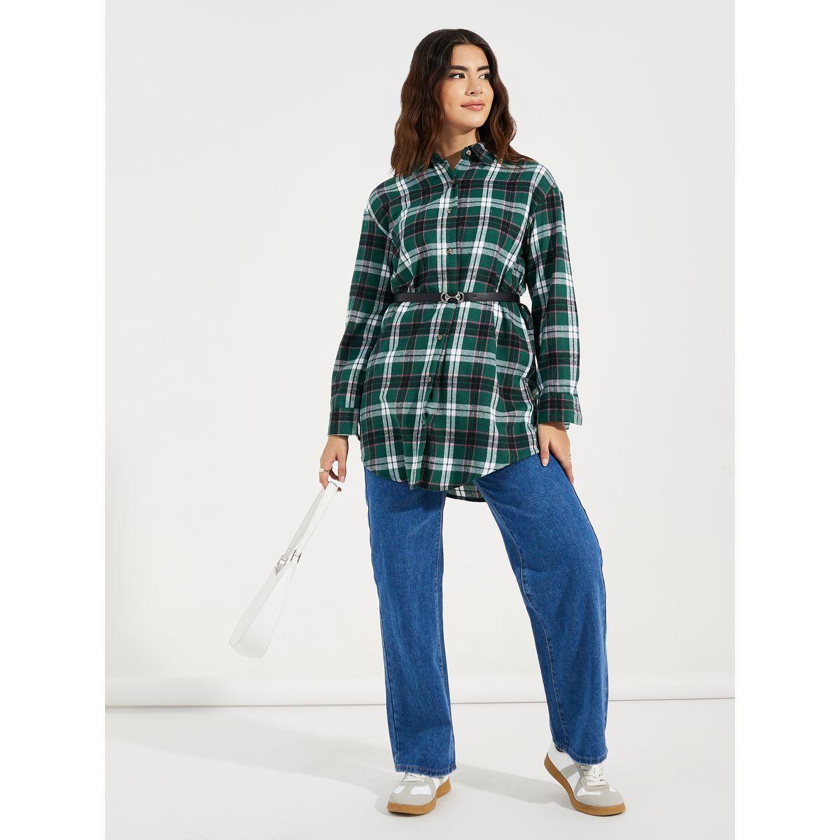 Styli Checkered Longline Shirt with Belt-women-clothing-shirtsandblouses-shirts-image-2