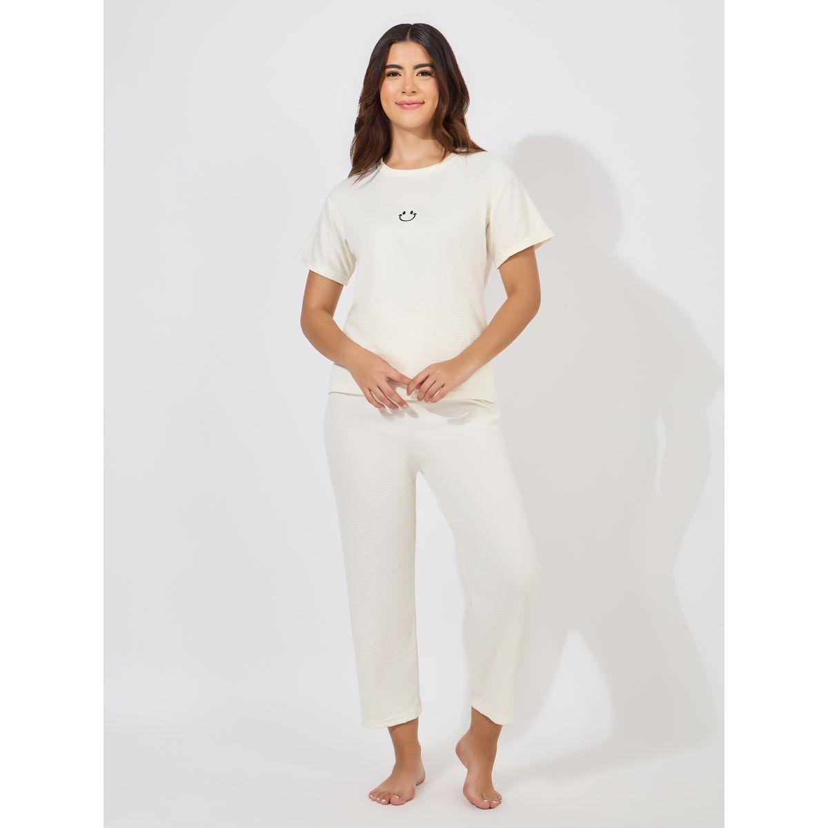 طقم من بنطال بيجاما مع تيشيرت بتفاصيل بارزة الملمس-women-clothing-nightwear-pyjamas-longsets-image-1