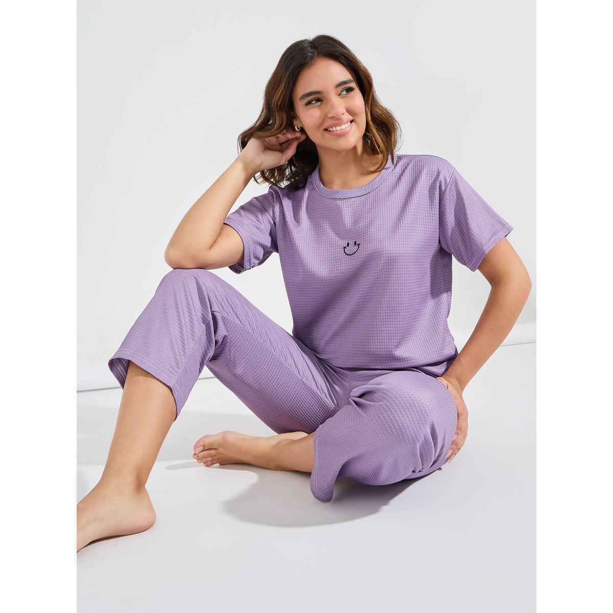 Styli Embroidery Detail Textured T-Shirt & Pyjama Set-women-clothing-nightwear-pyjamas-longsets-image-1