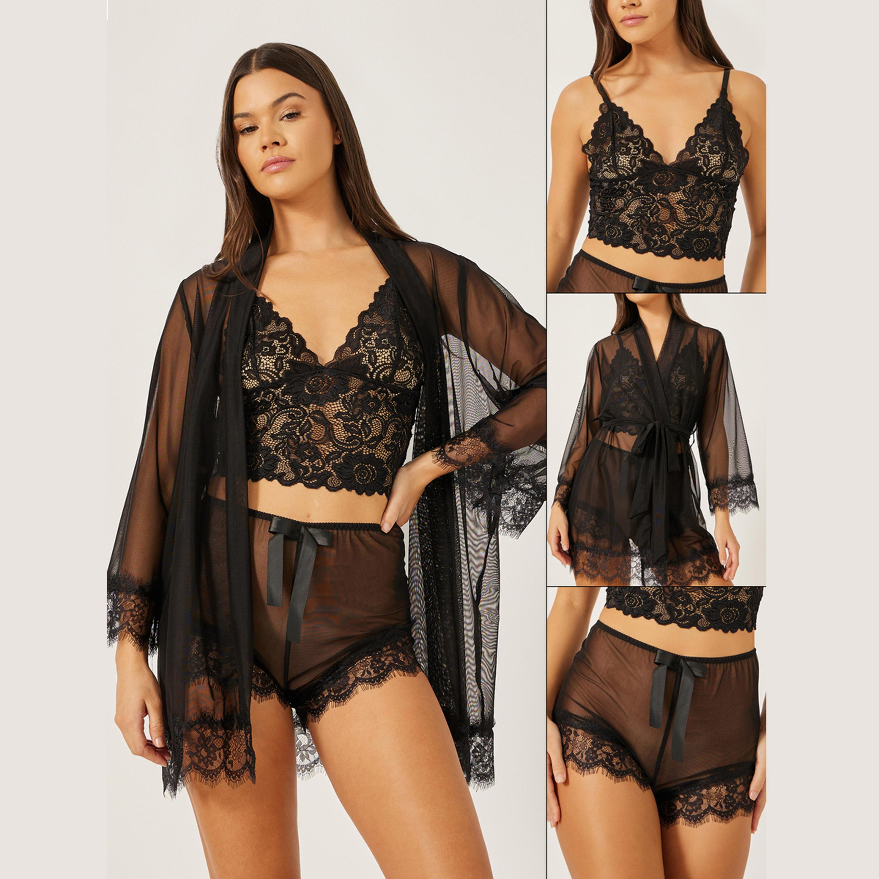 ستايلي - طقم 3 قطع - حمالة صدر دانتيل مع شورت شبكي وروب-women-clothing-lingerie-lingeriesets-image-1