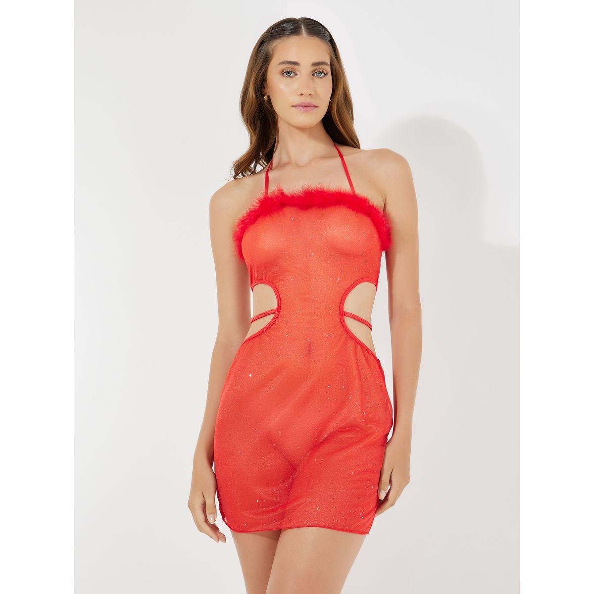 قميص نوم مزين بفرو صناعي مع ياقة هولتر-women-clothing-lingerie-babydollsandbodysuits-image-1