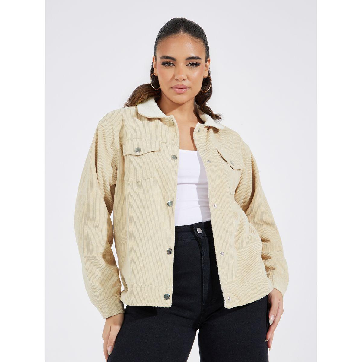 Styli Corduroy Teddy Fleece Pocket Detail Jacket-women-winterwear-coatsandjackets-jackets-image-1