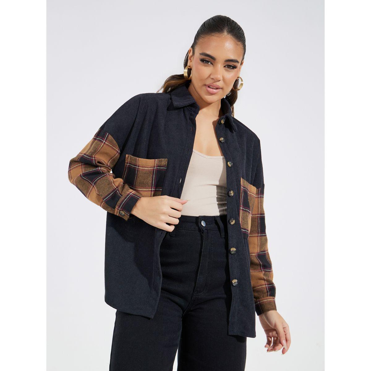Styli Check Pattern Pocket Corduroy Jacket-women-winterwear-coatsandjackets-jackets-image-2