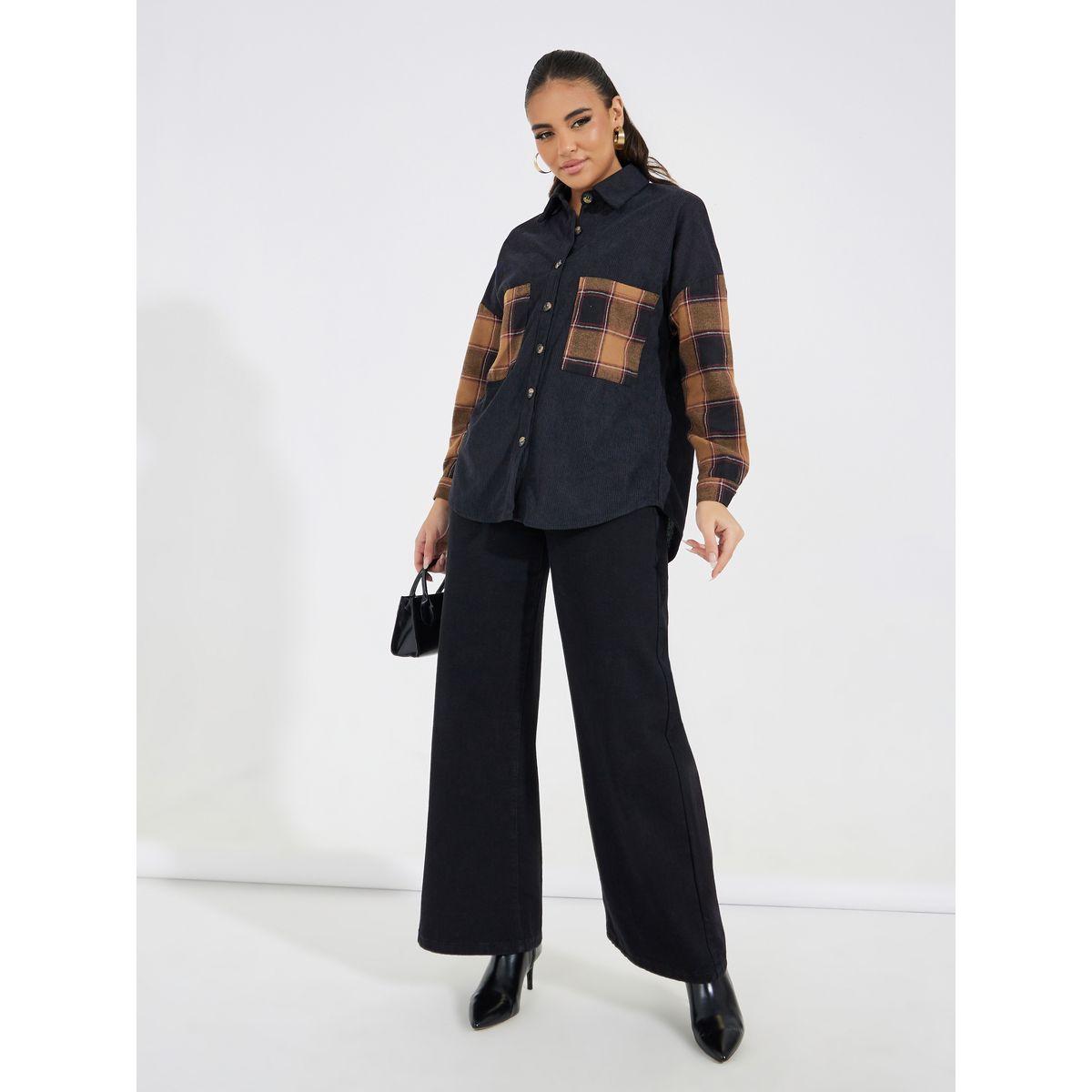 Styli Check Pattern Pocket Corduroy Jacket-women-winterwear-coatsandjackets-jackets-image-3