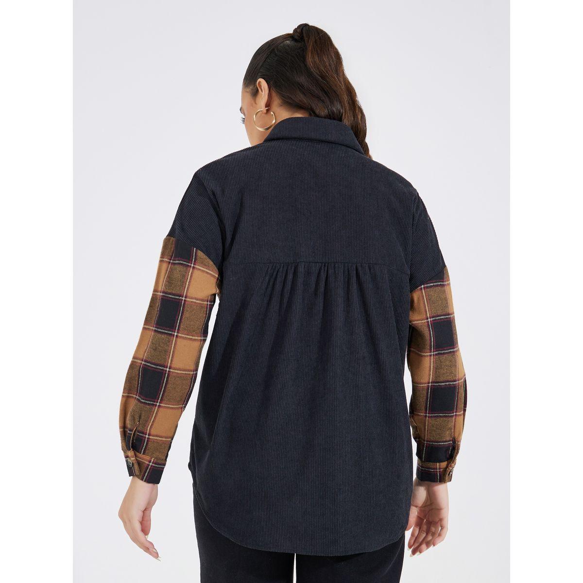 Styli Check Pattern Pocket Corduroy Jacket-women-winterwear-coatsandjackets-jackets-image-5
