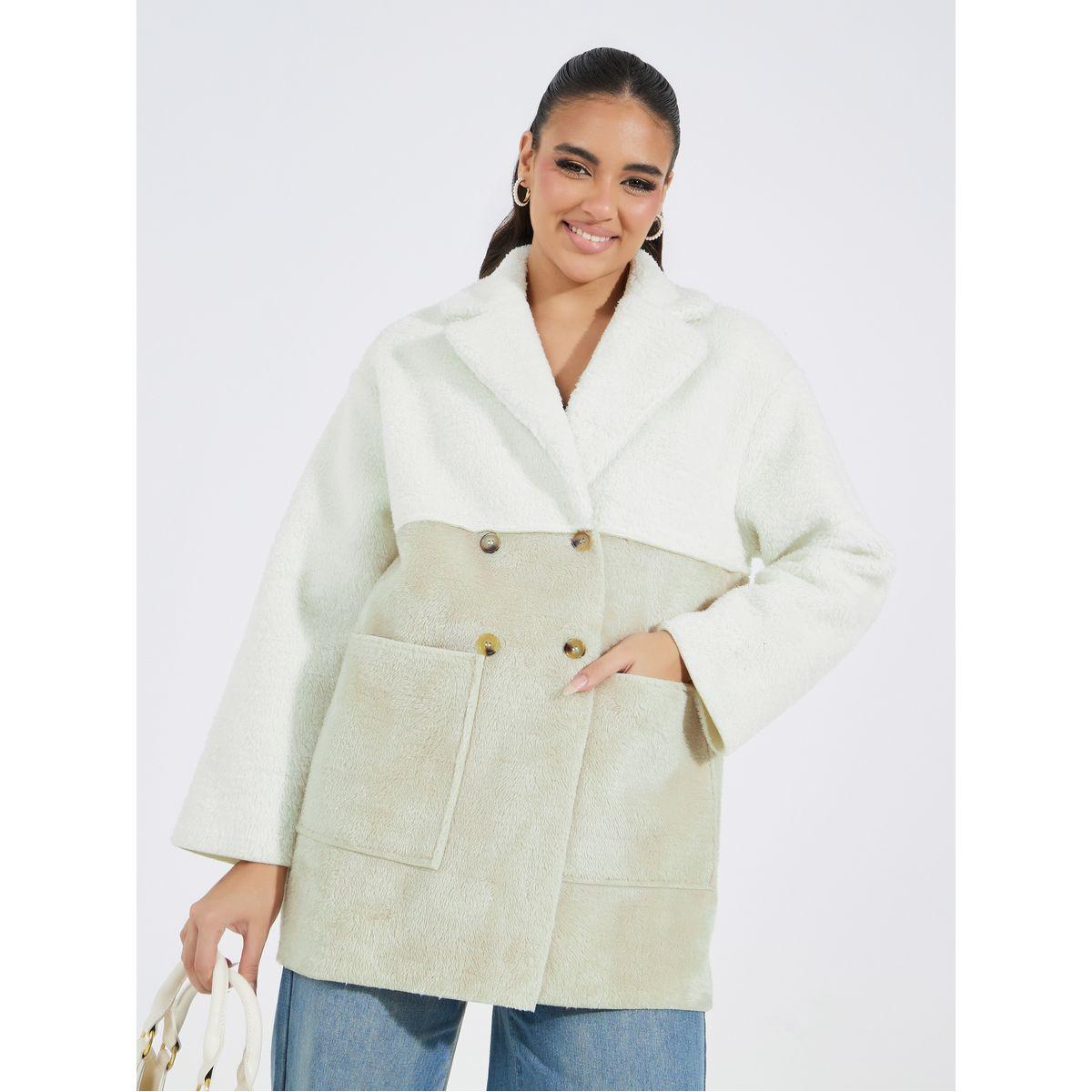 Styli Color Block Contrast Teddy Fleece Coat-women-winterwear-coatsandjackets-coats-image-1
