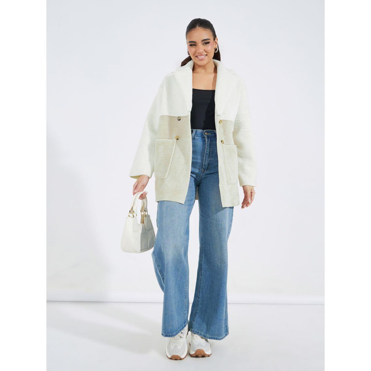 Styli Color Block Contrast Teddy Fleece Coat-women-winterwear-coatsandjackets-coats-image-3