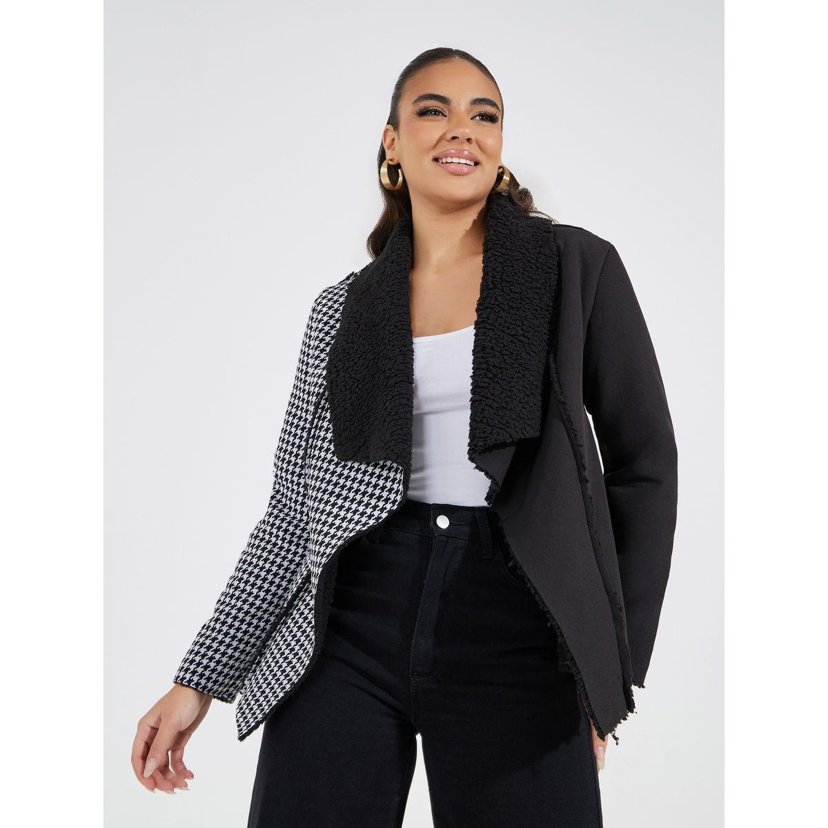 Styli Contrast Houndstooth Print Teddy Fleece Jacket-women-winterwear-coatsandjackets-jackets-image-1