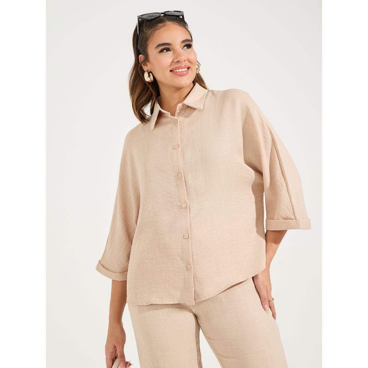 بلوزة سادة بقصة مريحة واكمام ملفوفة-women-clothing-shirtsandblouses-shirts-image-1